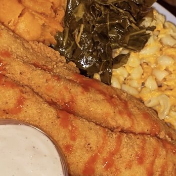 Mama J's Kitchen - Extra fried catfish, yams, collards, mac n cheese, corn muffin, and tartar sauce on the side. - Soul Food Near Me - Richmond, Virginia