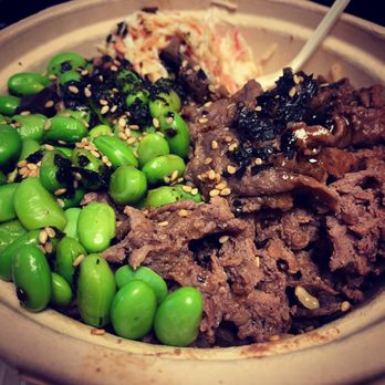 Bowl Gogi - Beef bowl with brown rice, imitation crab, mushrooms, edamame, sesame seeds, furikake, and Bowlgogi soy sauce. - Korean Near Me - Bellevue, Washington
