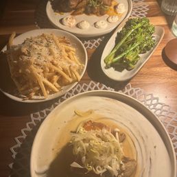 Lamb, Truffle fries, Baby broccolini, Salmon