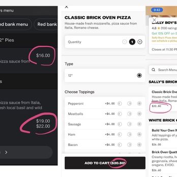 Sally Boy's Pizza - The 1st screenshot shows the prices in a Google search. The 2nd & 3rd show the prices on the Slice app - Pizza Near Me - Red Bank, New Jersey Sally Boy's Pizza - The 1st screenshot shows the prices in a Google search. The 2nd & 3rd show the prices on the Slice app - Pizza Near Me - Red Bank, New Jersey