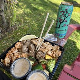 Trio with steak, shrimp, and chicken. Half & Half Fried Rice and Noodles. Garlic Butter Sauce and Yumyum Sauce. Trio with steak, shrimp, and chicken. Half & Half Fried Rice and Noodles. Garlic Butter Sauce and Yumyum Sauce.