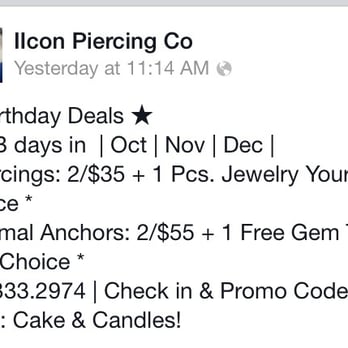 IIcon Piercing - Always posting deals on their Facebook page - Piercing Near Me - Carmichael, California IIcon Piercing - Always posting deals on their Facebook page - Piercing Near Me - Carmichael, California