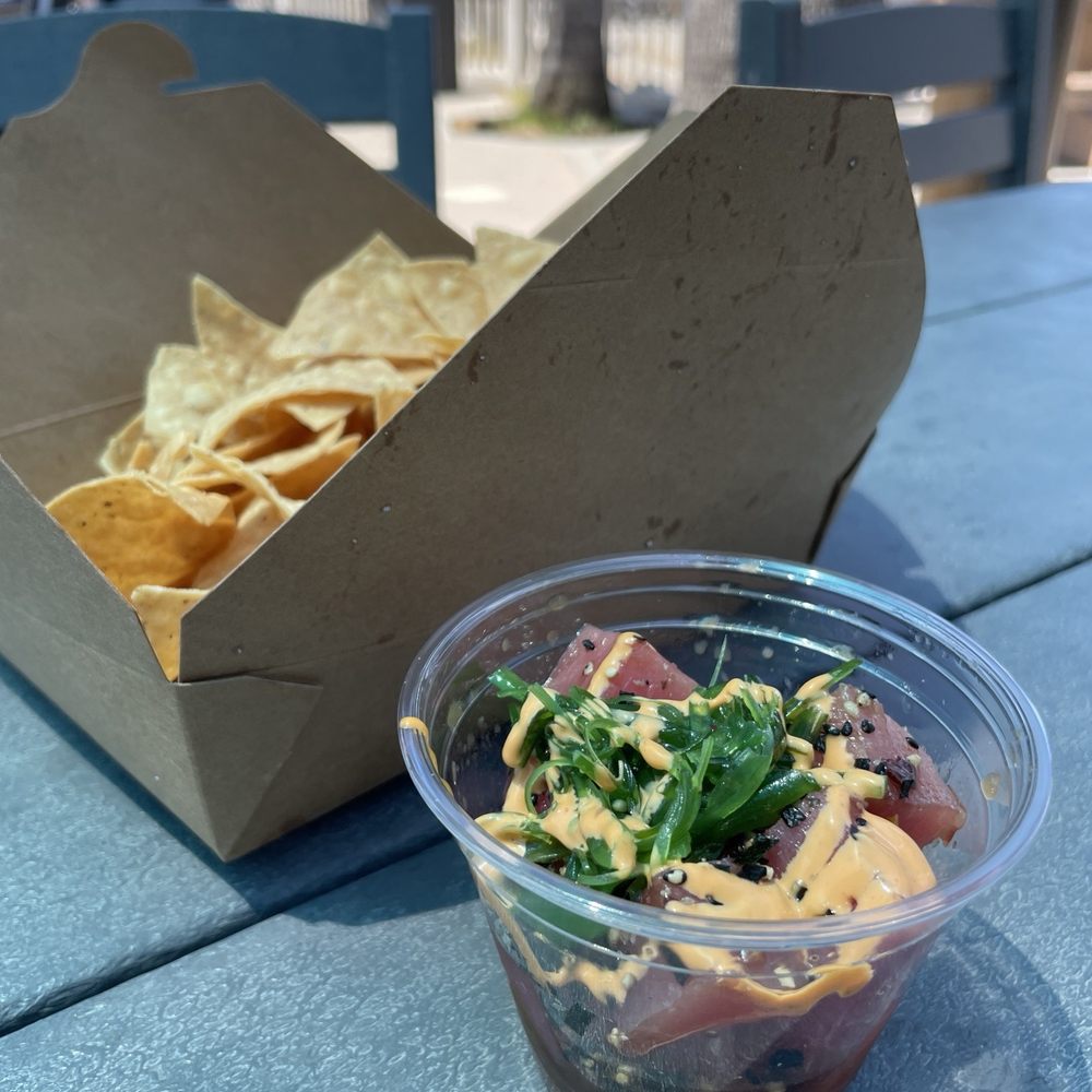 Doho Cafe - poke and chips $18. Or should I say chips with a side of expensive poke? - Cafes Near Me - Dana Point, California