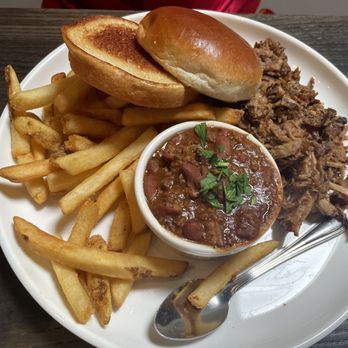Salt + Smoke - Pulled Pork Plate with Fries and Chili (bun instead of popover) - Barbeque Near Me - Ellisville, Missouri Salt + Smoke - Pulled Pork Plate with Fries and Chili (bun instead of popover) - Barbeque Near Me - Ellisville, Missouri