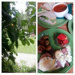 View of the grounds rgt fr our tableside window & their Ham Eggs Benny & Chkn Salad Sandwich served w/their Rustic Tomato Soup.