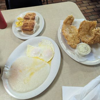 Frank's Grill - Franks signature breakfast with fried fish grits and biscuits. - Diners Near Me - Houston, Texas