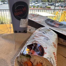 Taro milk tea. Pork banh mi sandwich