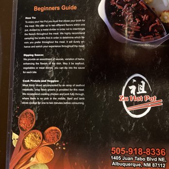 Zu Hot Pot - Zu Hot Pot.  Beginner's recommendations. - A menu page from Zu Hot Pot in Albuquerque, NM, featuring a beginners guide, sauces, and cooking tips, with a contact number and address. - Hot Pot Near Me - Albuquerque, New Mexico