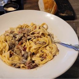 Pasta carbonara.    Delicious full of smoked bacon