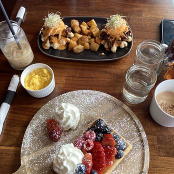 Wonderffle Cafe  - K-BBQ Benny and Berry Nice with Brussels waffle with a side of scrambled eggs - Waffles Near Me - Victoria, British Columbia