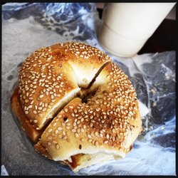 Smithtown Bagels - Sesame bagel with butter and an iced coffee