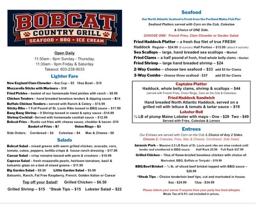 Menu photo 1 Bobcat Country Grill Plymouth, NH Menu photo 1 Bobcat Country Grill Plymouth, NH