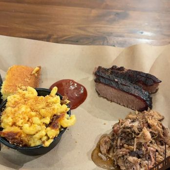 Mission BBQ - Two meat platter Brisket Pulled pork Mac n cheese Corn bread - Barbeque Near Me - Wilmington, North Carolina