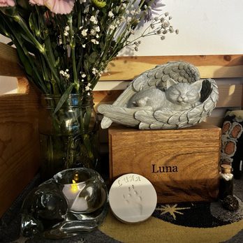Paws Into Grace - Acacia Urn with Luna's name engraved. Fur vial and ceramic print - Pet Hospice Near Me Paws Into Grace - Acacia Urn with Luna's name engraved. Fur vial and ceramic print - Pet Hospice Near Me