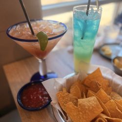 Don Julio Mexican Kitchen & Tequila Bar - Eagle Creek - Guava margarita, chips and salsa, and Sol Naciente cocktail