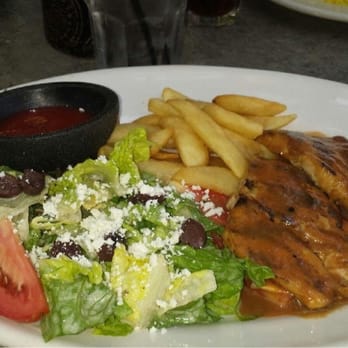 Alegria - Guava barbecue chicken w steak fries and the calle pine chopped salad - Spanish Near Me - Long Beach, California Alegria - Guava barbecue chicken w steak fries and the calle pine chopped salad - Spanish Near Me - Long Beach, California