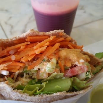 The Last Carrot - Mixed veggie juice and chicken salad whole wheat pita - Vegetarian Near Me - Miami, Florida The Last Carrot - Mixed veggie juice and chicken salad whole wheat pita - Vegetarian Near Me - Miami, Florida