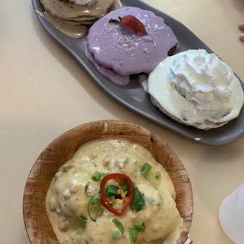 My Cafe - Pancake trio and biscuits and chorizo gravy - Breakfast & Brunch Near Me - Kapolei, Hawaii My Cafe - Pancake trio and biscuits and chorizo gravy - Breakfast & Brunch Near Me - Kapolei, Hawaii