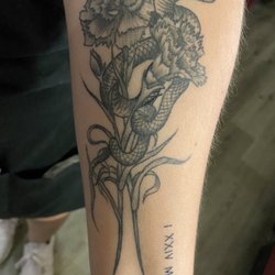 Beelistic Tattoo East - Carnation tattoo with birthdate and snake.