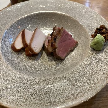 Yakitori Tsuta - App combo. Smoked chicken but duck steals the show. Best ever!  That red pepper sauce on side was unctuous. And homemade! - Japanese Near Me - San Diego, California
