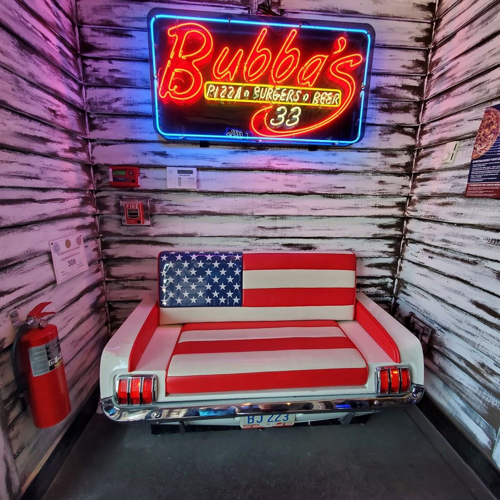 Bubba's 33 - I love the Mustang seat in the entry - Pizza Near Me - Oklahoma City, Oklahoma