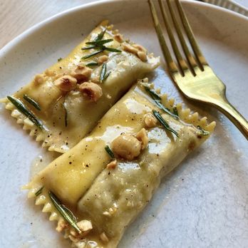 Dario - Doppio pasta - the reason I would return here. Half savory sunchoke filling & half ricotta, with rosemary and crunchy bits of hazelnuts - Italian Near Me - Minneapolis, Minnesota