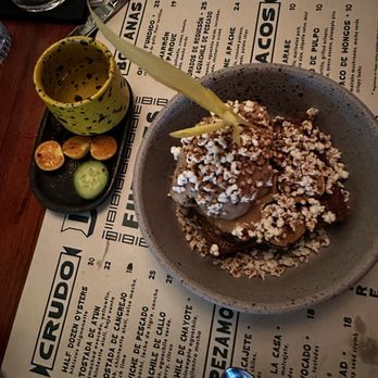 Daisy - Banana ice cream and heirloom corn cake (r) In-house Mezcal (L) - Cocktail Bars Near Me - Los Angeles, California
