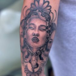 Sacred Nine Tattoo Studio - Black and grey portrait tattoo of Medusa, Persephone and Lilith on forearm. Snakes and ornamental tattoo.