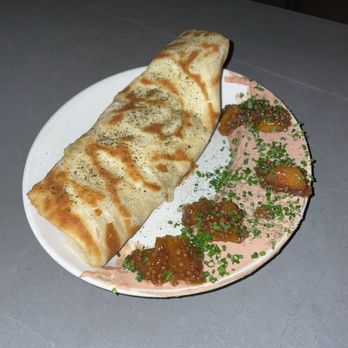 Nancy's Hustle - Chicken liver mousse and peach mostarda with fenugreek paratha - New American Near Me - Houston, Texas Nancy's Hustle - Chicken liver mousse and peach mostarda with fenugreek paratha - New American Near Me - Houston, Texas