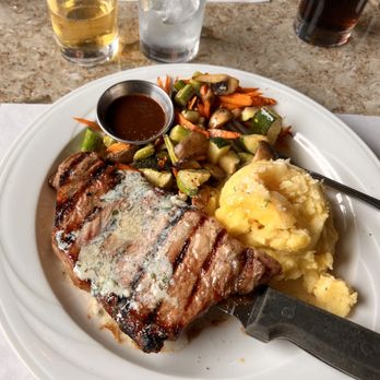 Cavalier Coastal Kitchen - New York, fresh veggies, mashed potato, and A1 sauce - American Near Me - San Simeon, California Cavalier Coastal Kitchen - New York, fresh veggies, mashed potato, and A1 sauce - American Near Me - San Simeon, California