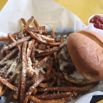 Fries Etc - Mushroom and Swiss burger. Probably could use more mayo. And garlic & Parmesan fries. Could use more garlic. - Burgers Near Me - Copperas Cove, Texas