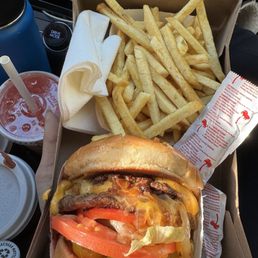 Double animal style , well done fries, pink lemonade Double animal style , well done fries, pink lemonade