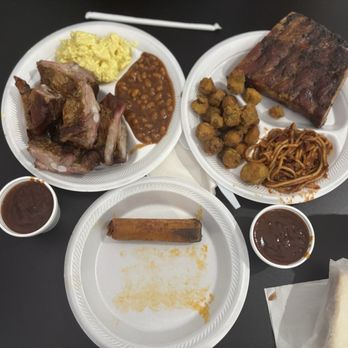 Pollard’s BBQ - Clockwise from top left: 1) Rib Tip Plate with potato Salad and Baked Beans, 2) Rib Plate with Fired Okra and BBQ Spaghetti, 3) Hot Tamale - Barbeque Near Me - Memphis, Tennessee Pollard’s BBQ - Clockwise from top left: 1) Rib Tip Plate with potato Salad and Baked Beans, 2) Rib Plate with Fired Okra and BBQ Spaghetti, 3) Hot Tamale - Barbeque Near Me - Memphis, Tennessee