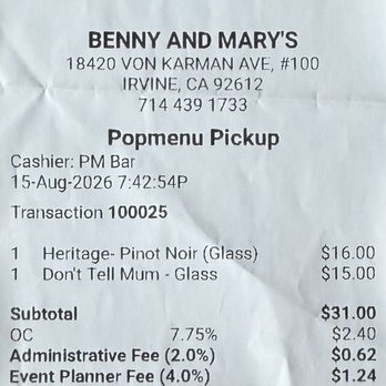 Benny and Mary's - Receipt - New American Near Me - Irvine, California Benny and Mary's - Receipt - New American Near Me - Irvine, California