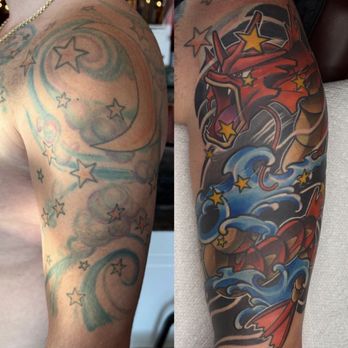 Steady Hand Tattoo - Gyarados Pokémon Sleeve Cover up tattoo by Pablo - Tattoo Near Me - Greece, New York Steady Hand Tattoo - Gyarados Pokémon Sleeve Cover up tattoo by Pablo - Tattoo Near Me - Greece, New York