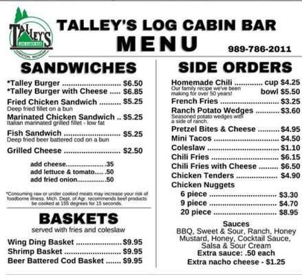 Menu photo 3 Talley's Log Cabin Lewiston, MI