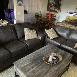 Couch, love seat, matching pillows, and coffee table. Couch, love seat, matching pillows, and coffee table.