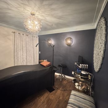 The Alamar Integrative - A serene treatment room with soft lighting, deep navy walls, and modern equipment--designed for comfort, focus, and transformation. - Massage Therapy Near Me - Douglas, Michigan