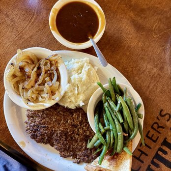 Richters Antler Cafe - Hamburger steak, mashed potatoes, green beans (gravy, and onions on the side) - American Near Me - Spring Branch, Texas Richters Antler Cafe - Hamburger steak, mashed potatoes, green beans (gravy, and onions on the side) - American Near Me - Spring Branch, Texas