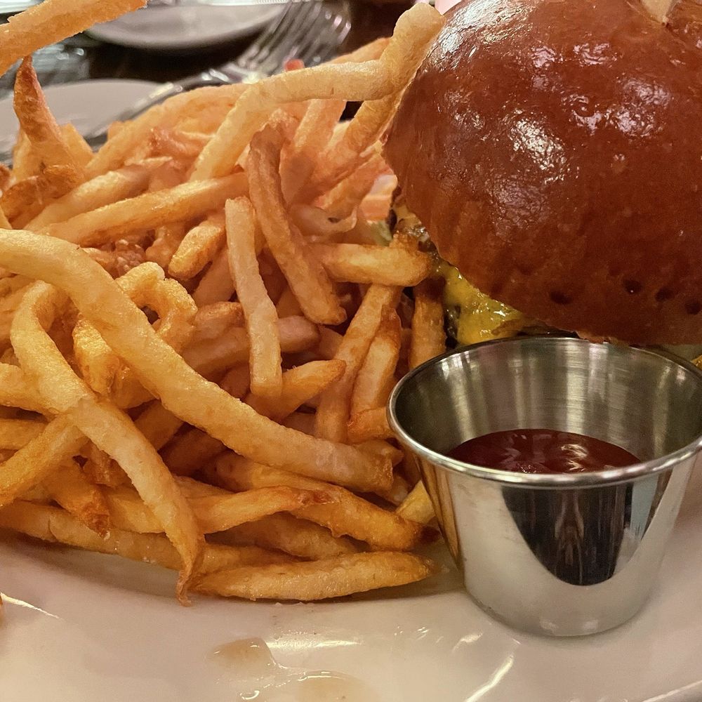 The Smith - THE SMITH BURGER cheddar, bacon shallot jam, crispy onions, house pickles, TSB sauce, brioche bun, fries - New American Near Me - Washington, DC, District of Columbia The Smith - THE SMITH BURGER cheddar, bacon shallot jam, crispy onions, house pickles, TSB sauce, brioche bun, fries - New American Near Me - Washington, DC, District of Columbia
