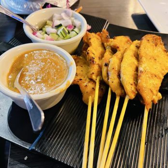 Thai Thyme - 1. Chicken Satay /  - very good, but asked for it extra well done/charred and it wasn't / also came at end of meal - Thai Near Me - Monrovia, California