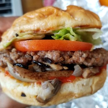Five Guys - Little hamburger with lettuce, tomato, grilled jalapeños, extra grilled mushrooms, grilled onions, mayo, and ketchup. - Burgers Near Me - Carson, California Five Guys - Little hamburger with lettuce, tomato, grilled jalapeños, extra grilled mushrooms, grilled onions, mayo, and ketchup. - Burgers Near Me - Carson, California