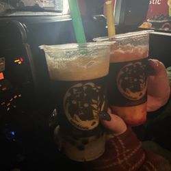 Bobablastic - Pineapple blended with honey boba and lychee jelly . Mango chamoy blended drink .