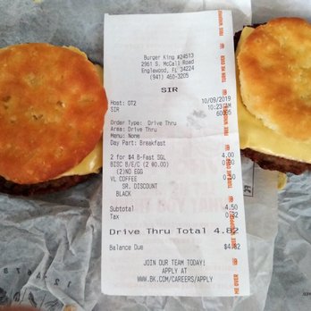 Burger King - a receipt and a sandwich - Burgers Near Me - Englewood, Florida Burger King - a receipt and a sandwich - Burgers Near Me - Englewood, Florida
