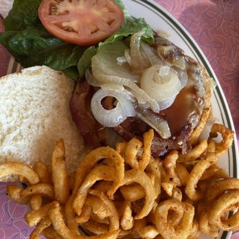 Jackson Hole - Western burger platter (bbq sauce, grilled onions, bacon) with curly fries - Burgers Near Me - East Elmhurst, New York