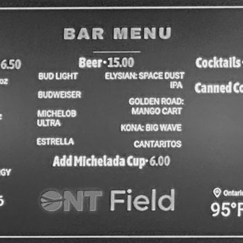 ONT Field - Menu Drinks & Alcohol (August 1, 2026) - Stadiums & Arenas Near Me - Ontario, California ONT Field - Menu Drinks & Alcohol (August 1, 2026) - Stadiums & Arenas Near Me - Ontario, California
