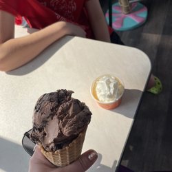 The Frozen Boulder - Yorktown - Indiana pothole 1 scoop in a waffle cone and a pup cup