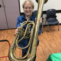 LeRoy Collins Leon County Public Library - Tallahassee Genealogical Society Heritage Expo 2018. Tuba is Civil War era. Bell faces back because band was in front of troops.