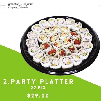Greenfish - 2. Party Platter (32 pcs) 16 pcs California Roll / 8 pcs Spicy Tuna Roll / 8 pcs Crunch Roll $29.00 - Japanese Near Me - Santa Clara, California Greenfish - 2. Party Platter (32 pcs) 16 pcs California Roll / 8 pcs Spicy Tuna Roll / 8 pcs Crunch Roll $29.00 - Japanese Near Me - Santa Clara, California