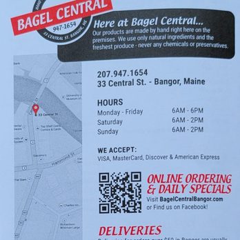 Bagel Central - MENU: Beverages, contact info, business hours, QR Code for online ordering and daily specials plus info on the Central Meeting House - Bagels Near Me - Bangor, Maine Bagel Central - MENU: Beverages, contact info, business hours, QR Code for online ordering and daily specials plus info on the Central Meeting House - Bagels Near Me - Bangor, Maine